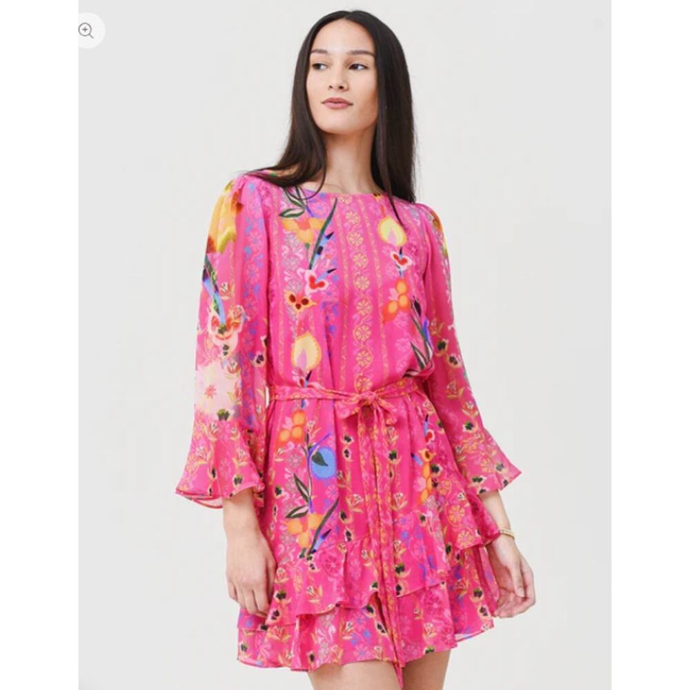 Saloni Marissa Ruffle 100% Silk Pink Floral Long Sleeve Mini Dress Women size 6